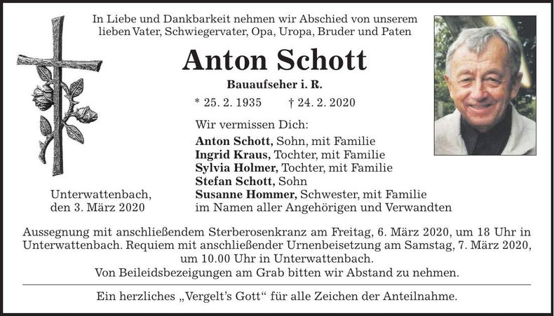 Traueranzeige Anton Schott