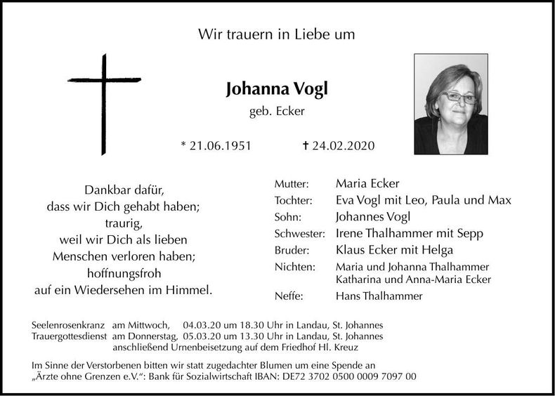 Traueranzeige Johanna Vogl