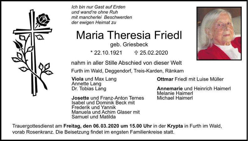 Traueranzeige Maria-Theresia Friedl