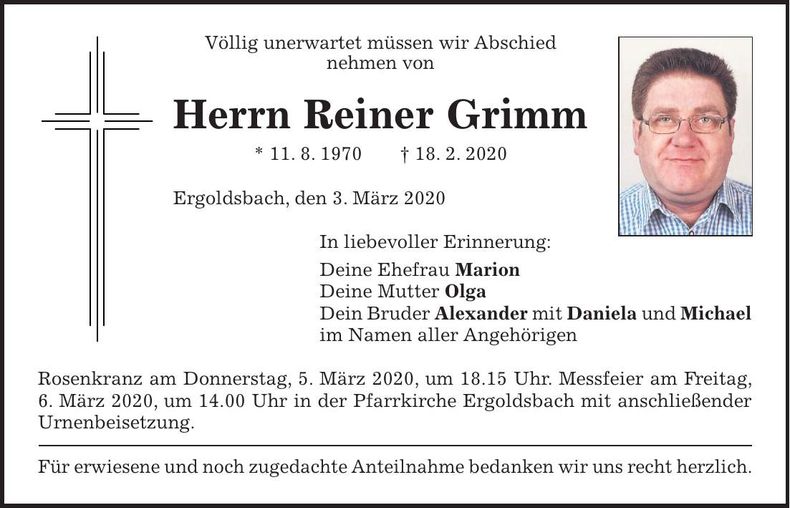 Traueranzeige Reiner Grimm