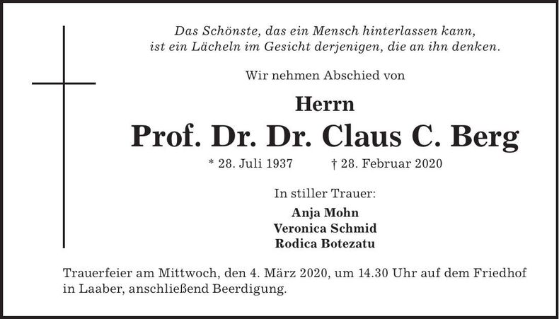 Traueranzeige Prof. Dr. Dr. Claus C. Berg