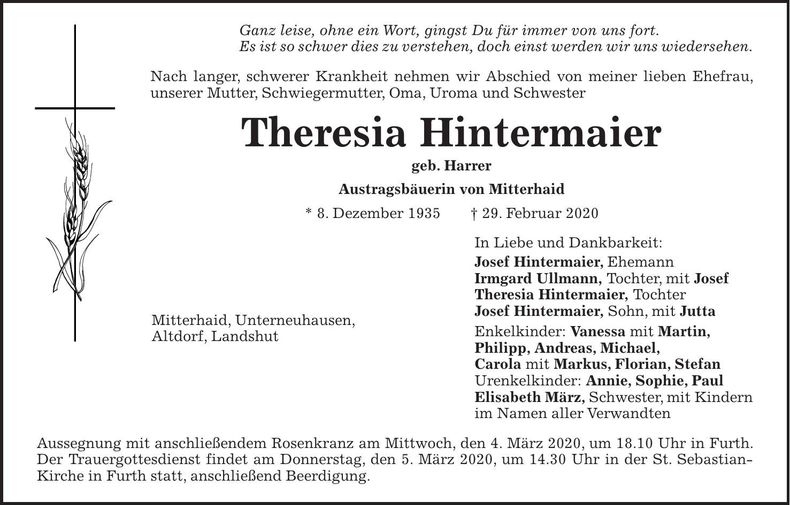 Traueranzeige Theresia Hintermaier