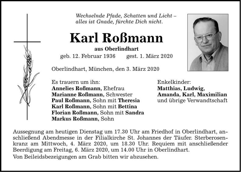 Traueranzeige Karl Roßmann