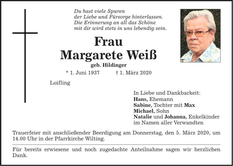 Traueranzeige Margarete Weiß