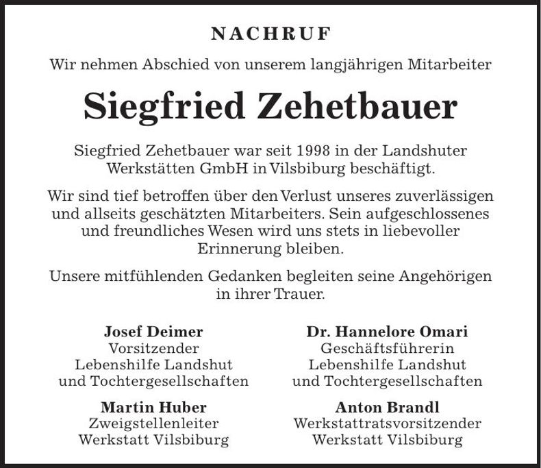 Traueranzeige Siegfried Zehetbauer