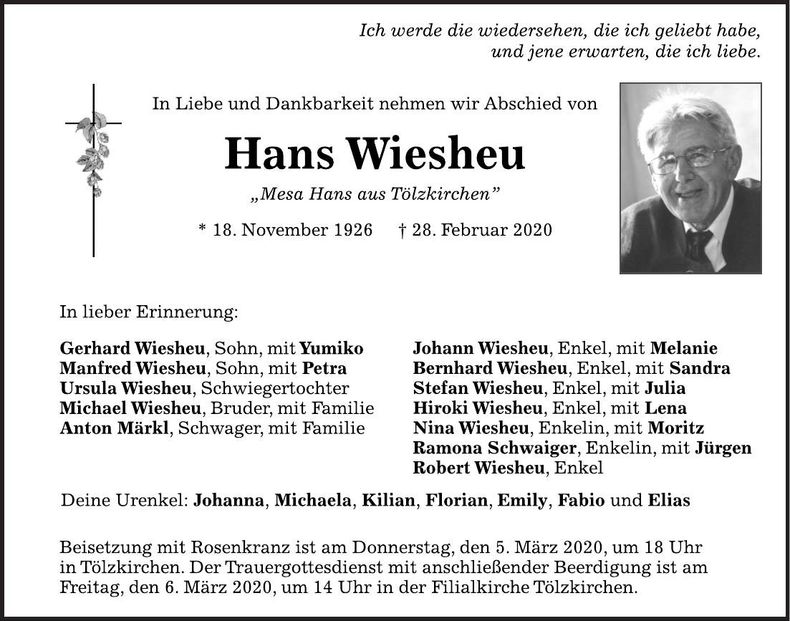 Traueranzeige Hans Wiesheu