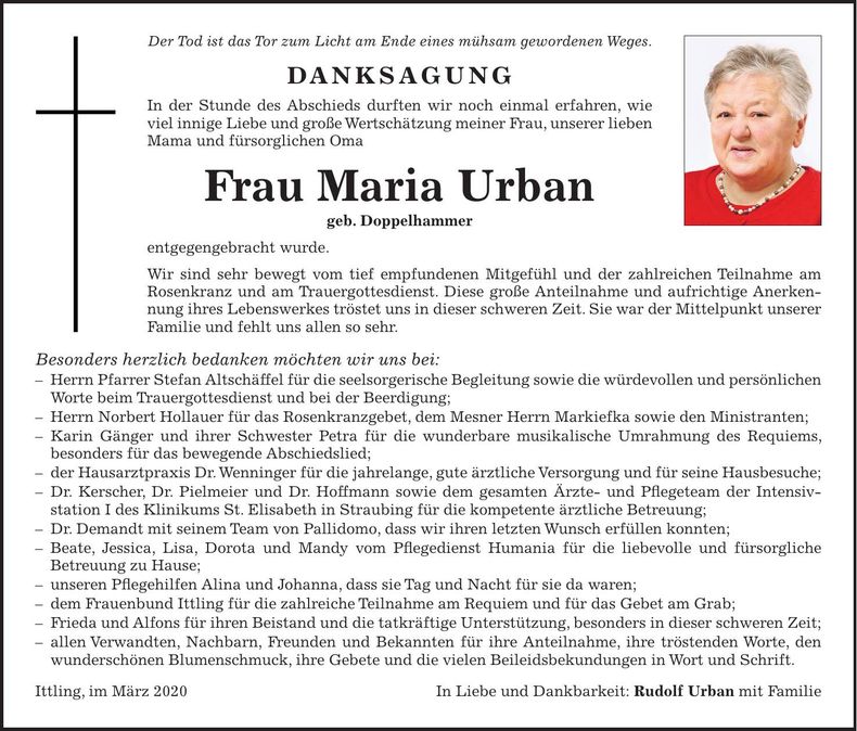 Traueranzeige Maria Urban