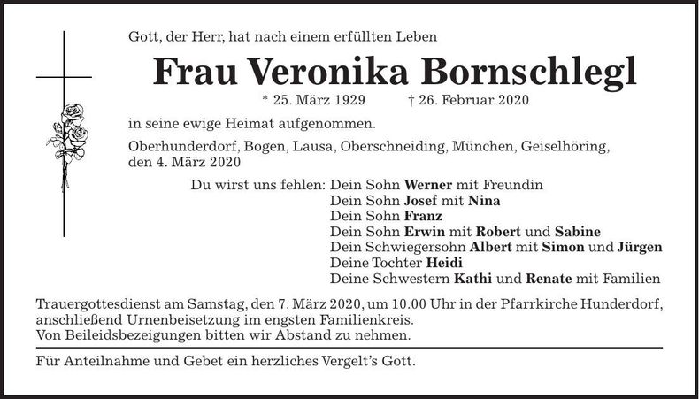 Traueranzeige Veronika Bornschlegl