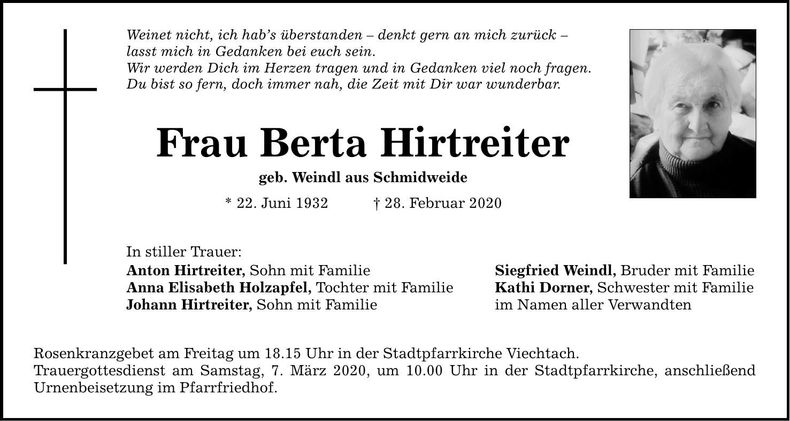 Traueranzeige Hirtreiter Berta
