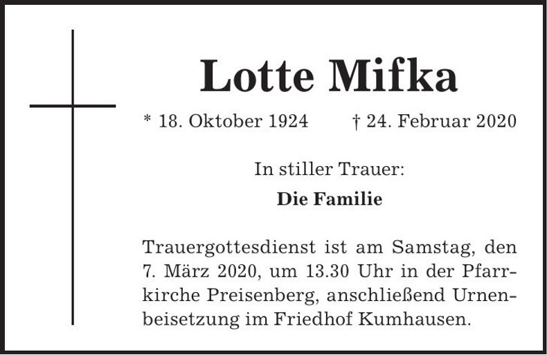 Traueranzeige Lotte Mifka