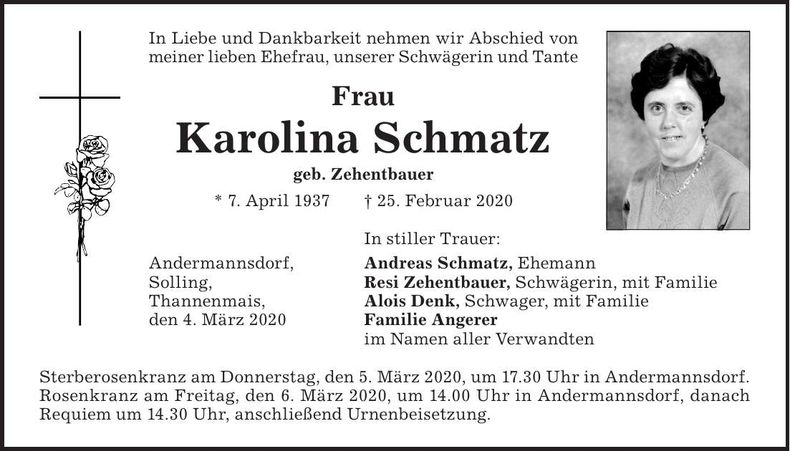 Traueranzeige Karolina Schmatz