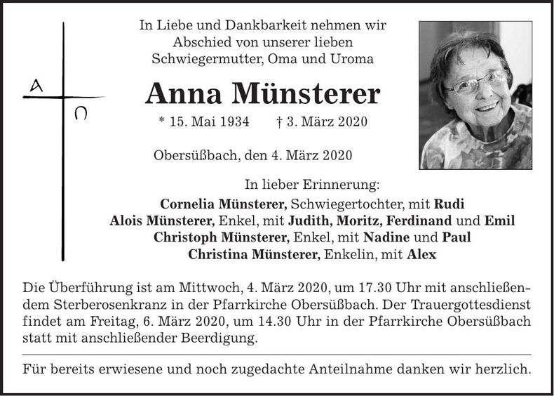 Traueranzeige Anna Münsterer