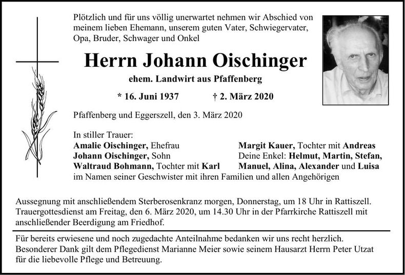 Traueranzeige Johann Oischinger