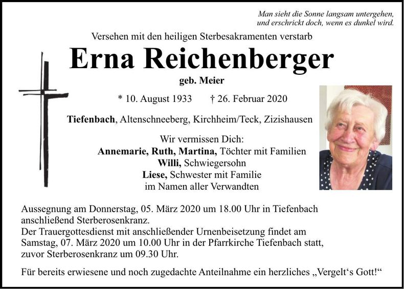 Traueranzeige Erna Reichenberger