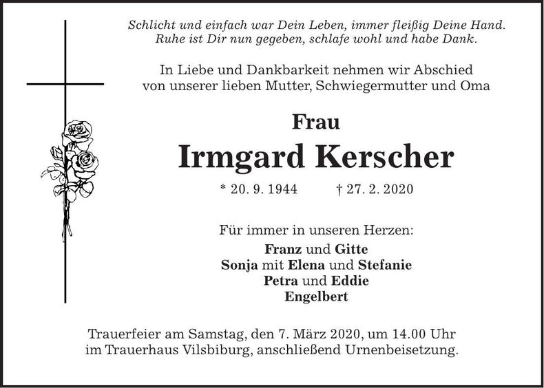 Traueranzeige Irmgard Kerscher