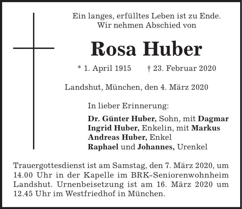 Traueranzeige Rosa Huber