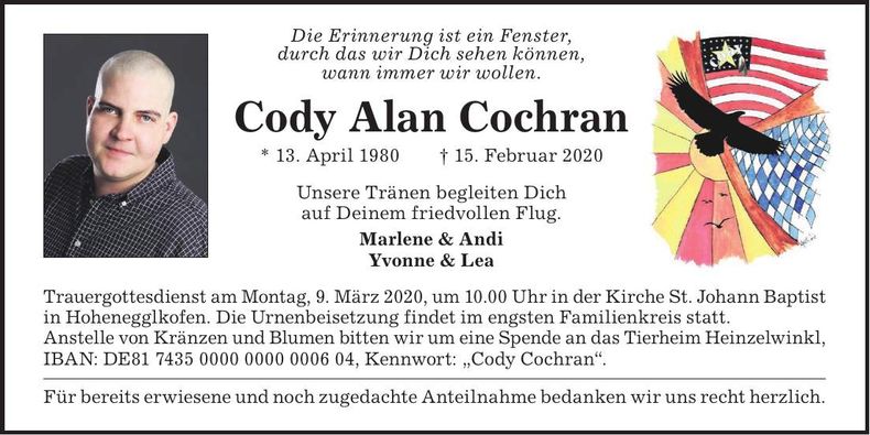 Traueranzeige Cody Alan Cochran