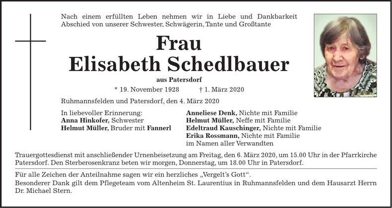 Traueranzeige Elisabeth Schedlbauer