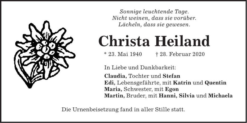 Traueranzeige Christa Heiland