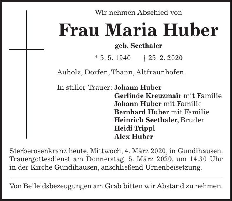Traueranzeige Maria Huber