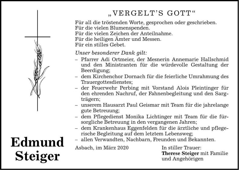 Traueranzeige Edmund Steiger