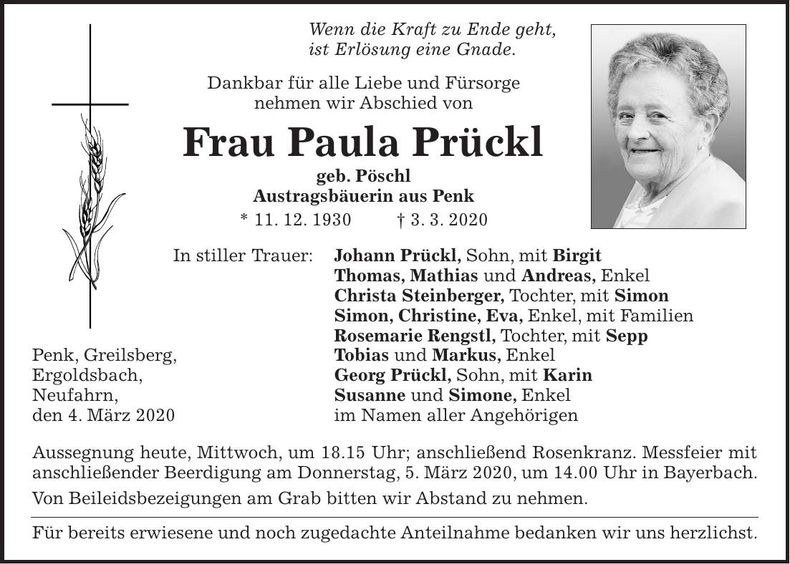 Traueranzeige Paula Prückl