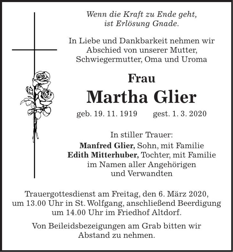 Traueranzeige Martha Glier