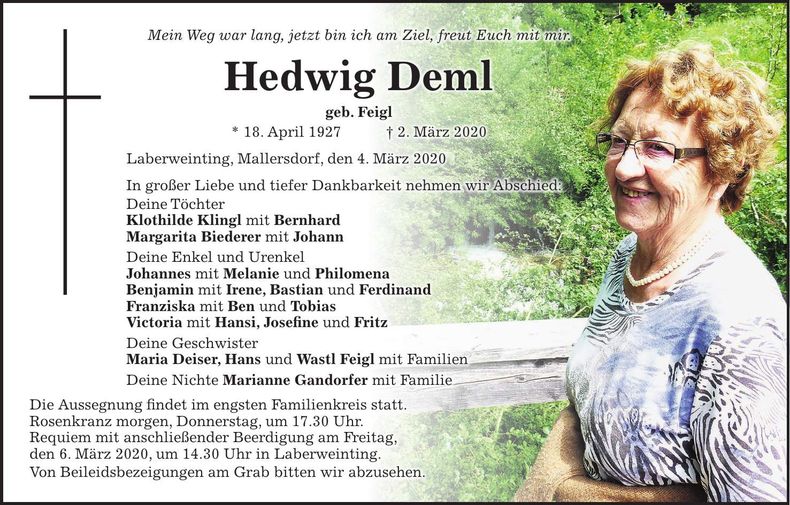 Traueranzeige Hedwig Deml