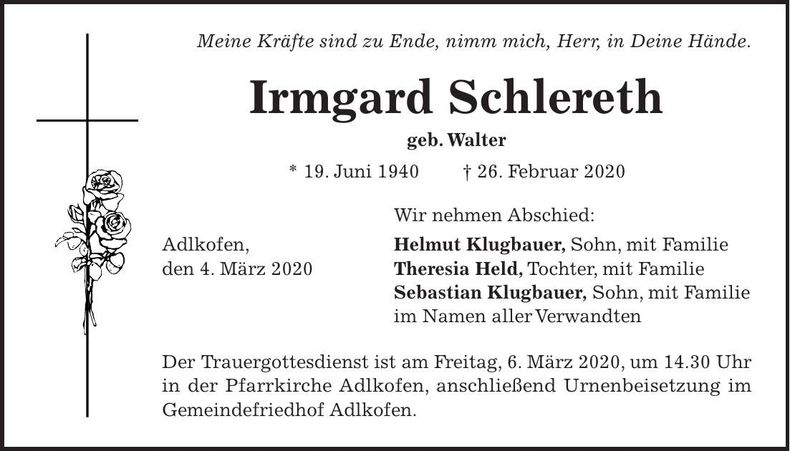 Traueranzeige Irmgard Schlereth