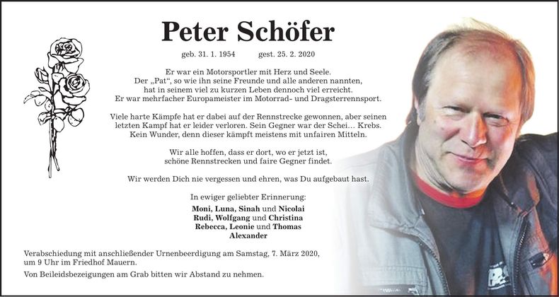 Traueranzeige Peter Schöfer