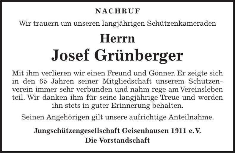 Traueranzeige Josef Grünberger