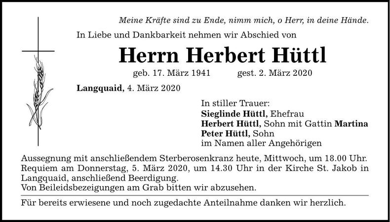 Traueranzeige Herbert Hüttl