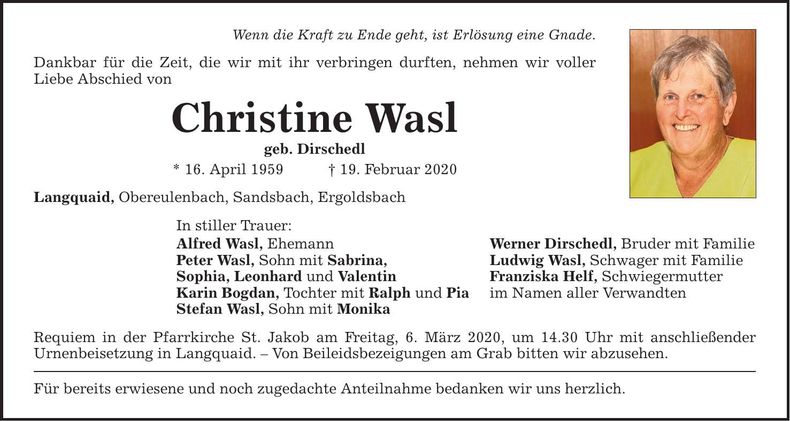Traueranzeige Christine Wasl