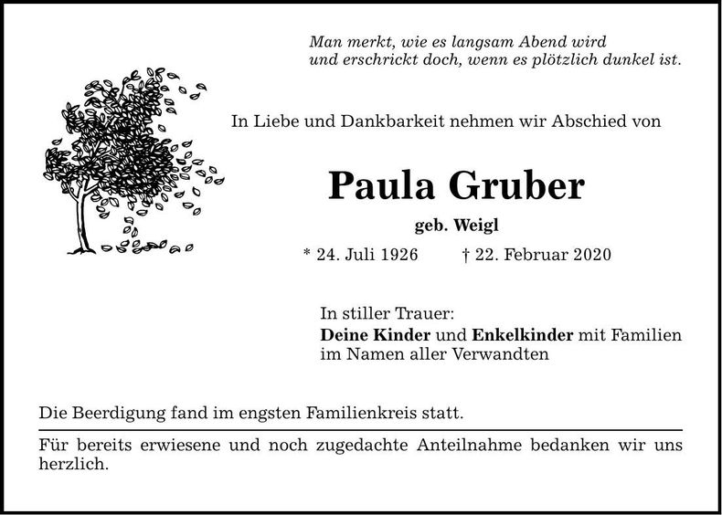 Traueranzeige Paula Gruber