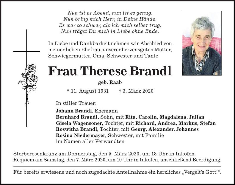 Traueranzeige Therese Brandl