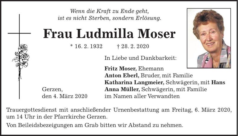 Traueranzeige Ludmilla Moser