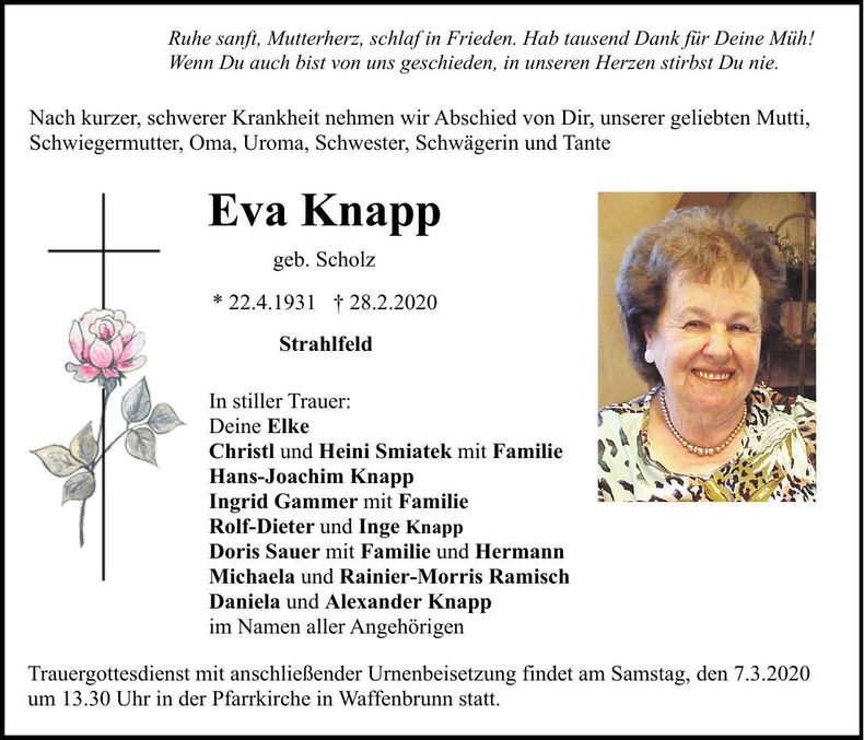 Traueranzeige Eva Knapp