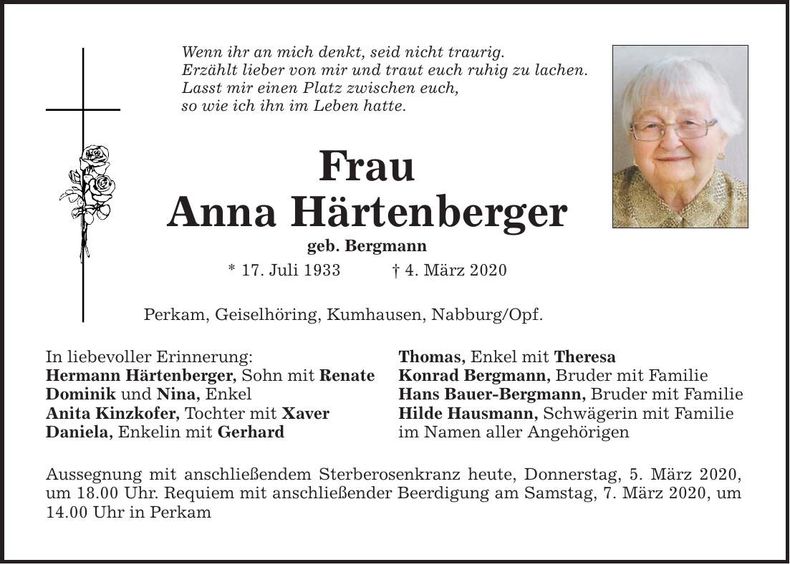 Traueranzeige Anna Härtenberger