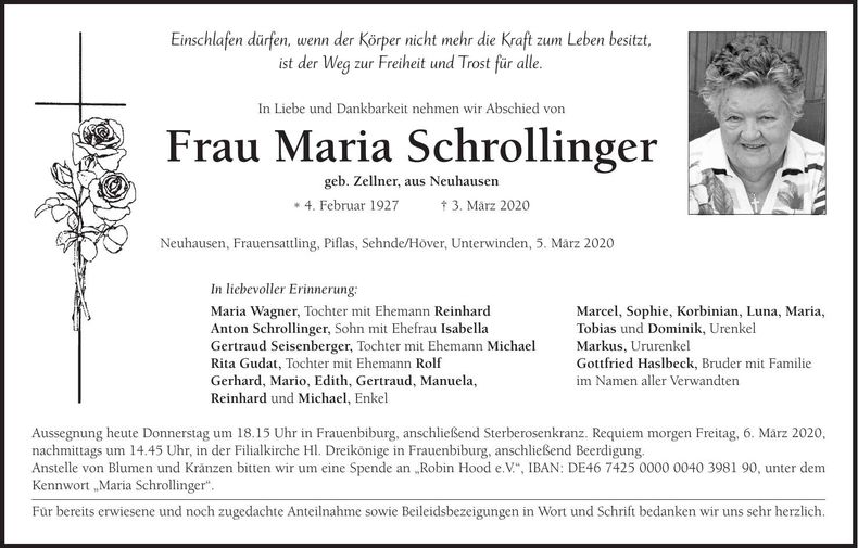 Traueranzeige Maria Schrollinger