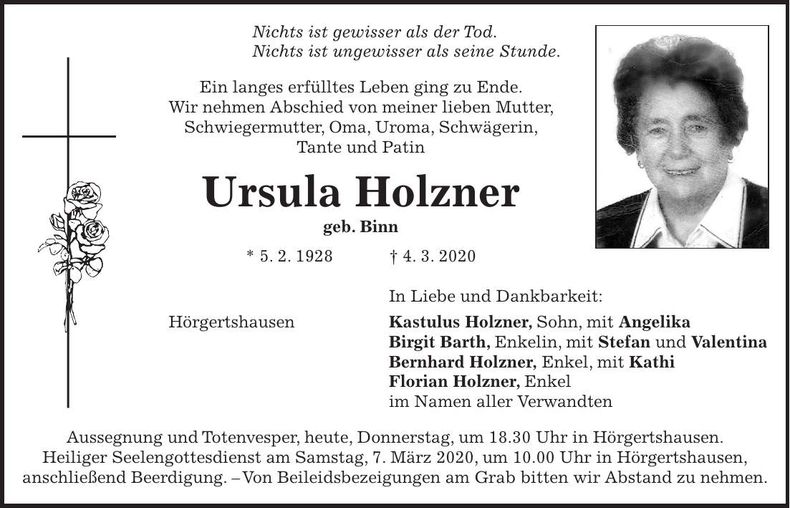 Traueranzeige Ursula Holzner