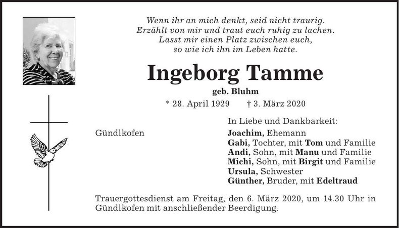 Traueranzeige Ingeborg Tamme