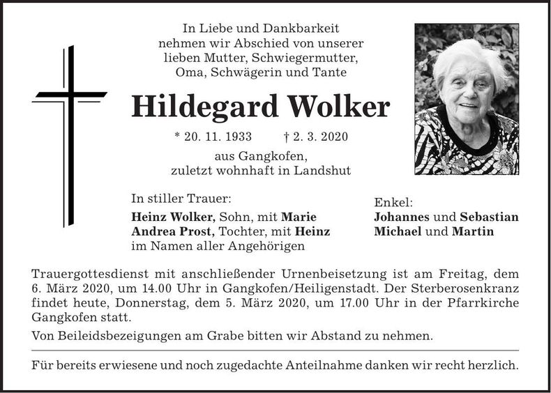 Traueranzeige Hildegard Wolker