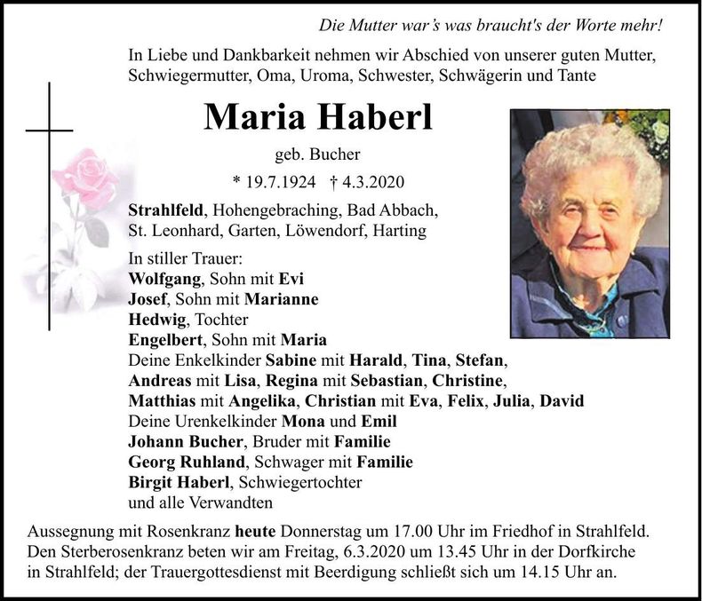 Traueranzeige Maria Haberl