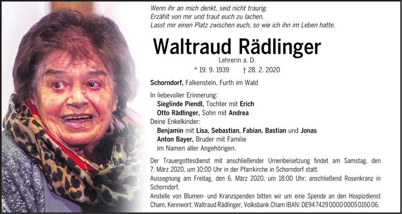 Traueranzeige Waltraud Rädlinger