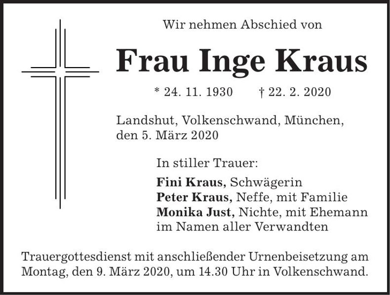 Traueranzeige Inge Kraus