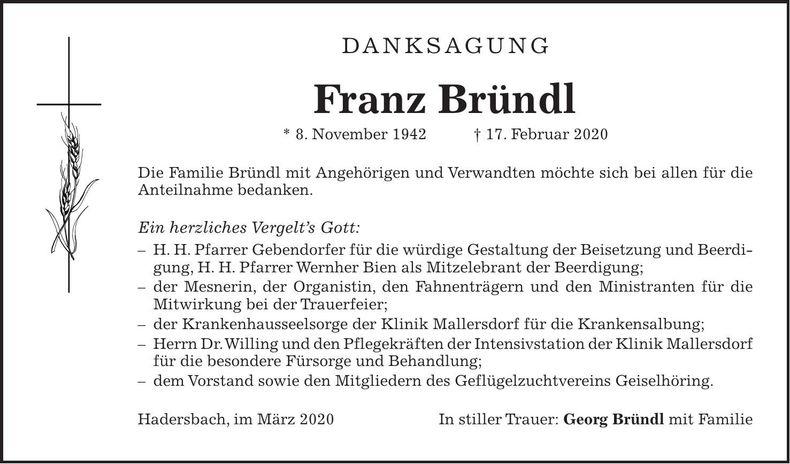 Traueranzeige Franz Bründl