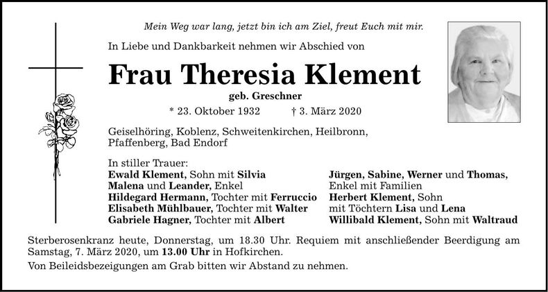 Traueranzeige Theresia Klement