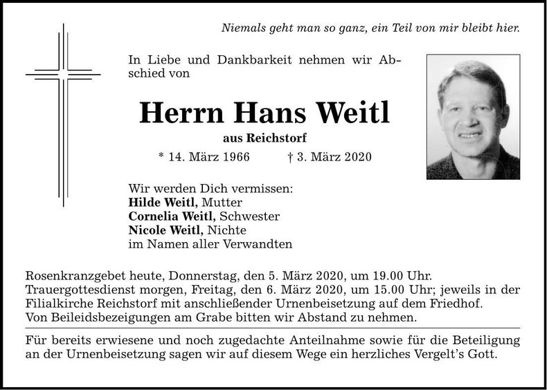 Traueranzeige Hans Weitl