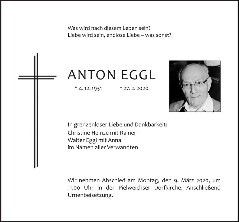 Traueranzeige Anton Eggl