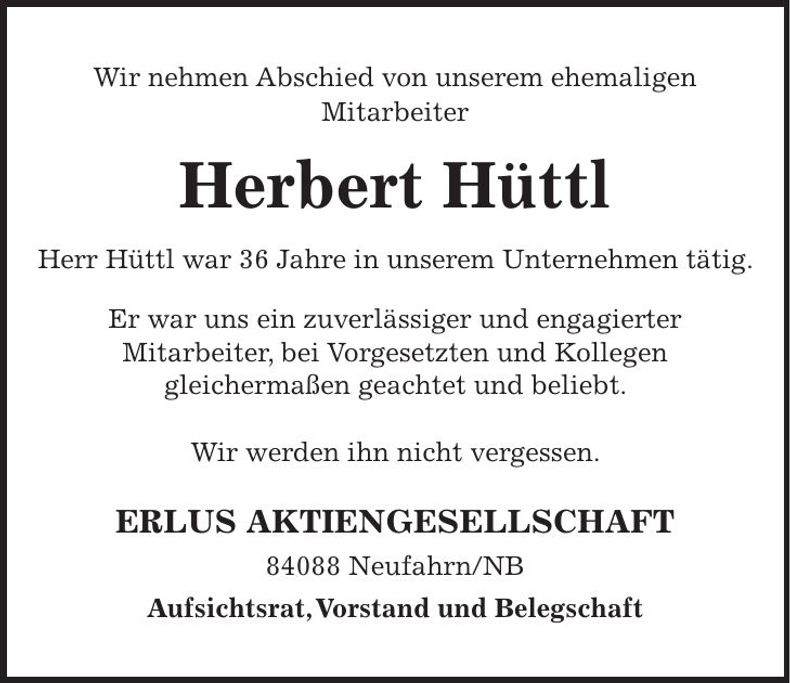 Traueranzeige Herbert Hüttl